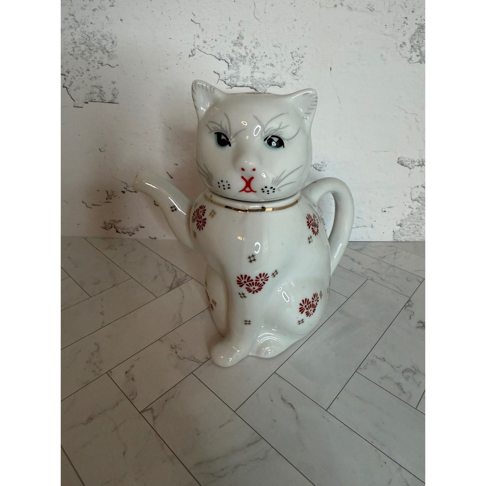 Small Vintage Ceramic Cat Teapot Floral Gold Trim Hand Painted Collectible